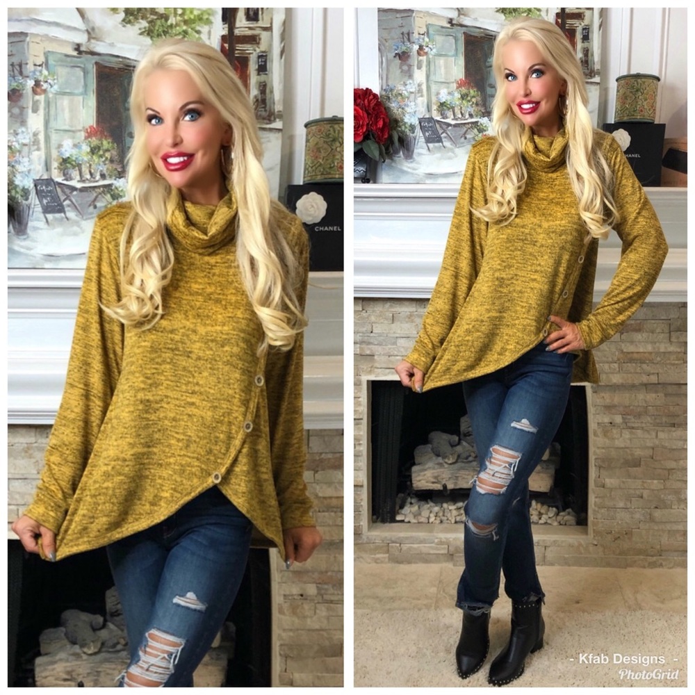 ❤️LAST 1! Mustard Cowl Neck Top with Button Detail - Picture 3 of 6